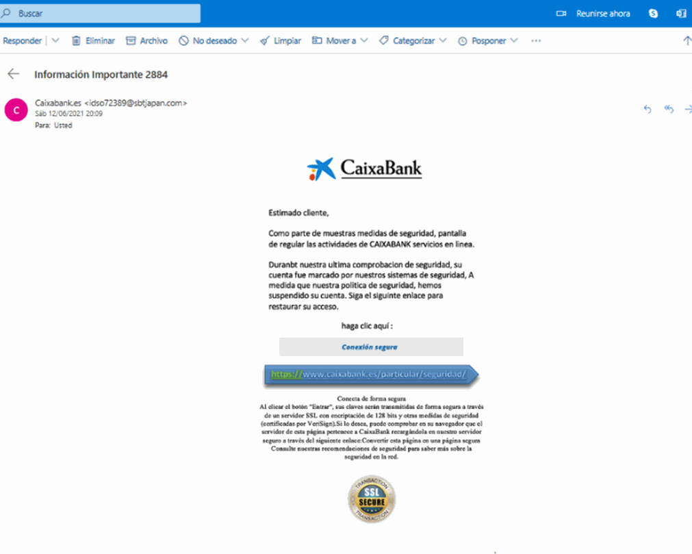 email ejemplo de suplantación de identidad que lleva al banco con objetivo de robar los datos bancarios